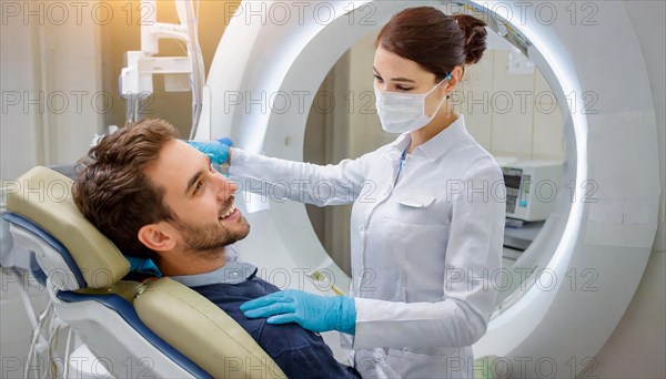 AI generated, RF, woman, woman, doctor, doctors, female doctor, 30, 35, years, attractive, attractive, doctor's office, CT, scan, computer tomography, computer tomography, preventive care, health, smiles, beautiful teeth, generates a three-dimensional X-ray image, modern X-ray machine, X-rays, X-ray image, patient, man, beard wearer, AI generated