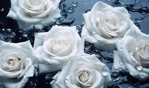 Several white roses with water droplets against a dark backdrop conveying calmness AI generated
