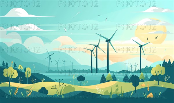 Wind turbines in the field. Ecological concept AI generated
