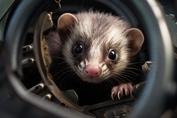 Ferret causing damage to car engine. KI generiert, generiert AI generated