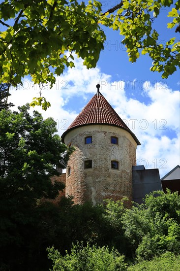 The historic old town centre of Dingolfing with a view of the historic tower. Dingolfing, Lower Bavaria, Bavaria, Germany, Europe