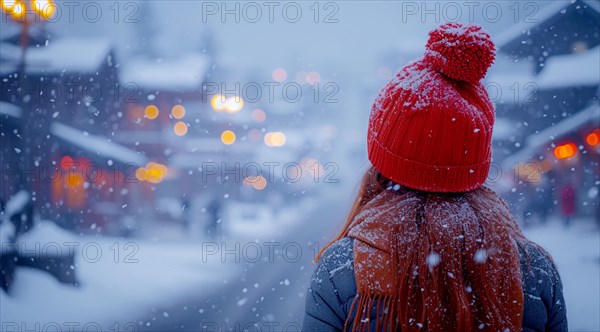 Close-up of a person in a red beanie with snowflakes caught in hair, blurred lights in background, AI generated