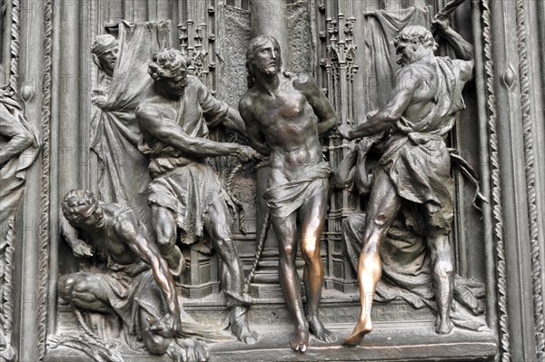 Door decoration in the entrance area, church motifs, Milan Cathedral, Duomo, start of construction 1386, completion 1858, Milan, Milano, Lombardy, Italy, Europe