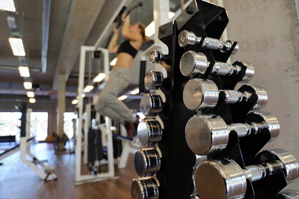 Young woman doing strength training in the gym, (Neuhofen, Rhineland-Palatinate)