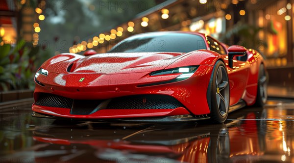A sleek red Ferrari on a wet city street at dusk with blurred lights in the background, AI generated