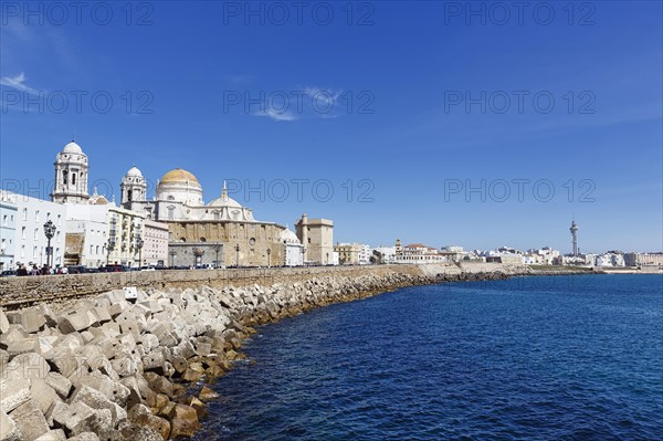 View of the dome and steeples of Cadiz Cathedral, Cathedral of the Holy Cross above the sea, seafront promenade, Cadiz, Andalusia, Spain, Europe