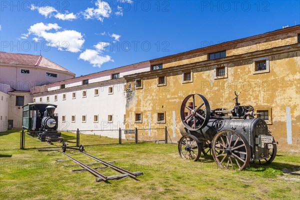 Historic locomotives in the Presidio Museum and Maritime Museum, Ushuaia, Tierra del Fuego Island, Patagonia, Argentina, South America