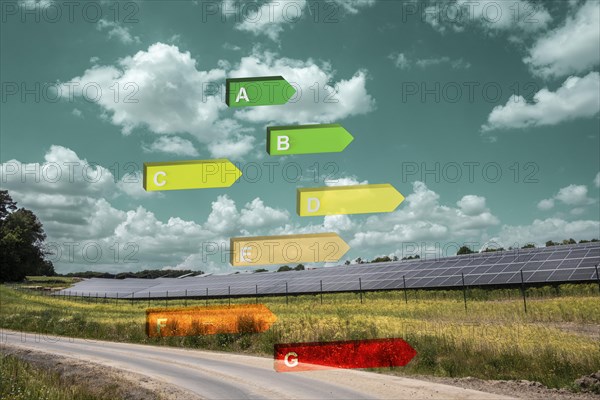 Solar panel system with EU energy label, symbolic image