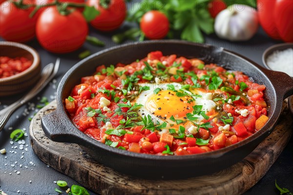 Shakshuka in a dark cast-iron pan, garnished with fresh green herbs, KI generated, AI generated