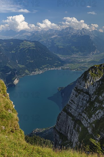 View from Niederbauen Kulm (1923m) to Flueelen and Altdorf, Lake Lucerne, Canton Uri, Switzerland, Lake Lucerne, Uri, Switzerland, Europe
