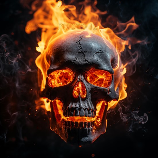 Spooky and scary burning skull on a dark background. Perfect for Halloween or horror-themed projects, AI generated