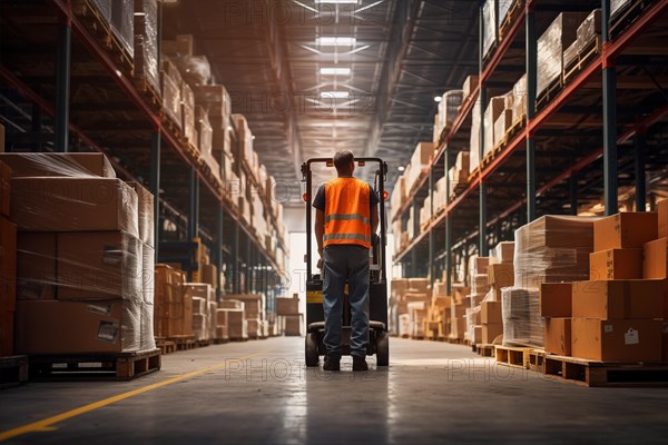 A worker in a reflective vest operates a forklift in a well-lit warehouse, navigating through aisles stacked with packaged goods. Efficiency and organization of a modern distribution center, AI generated