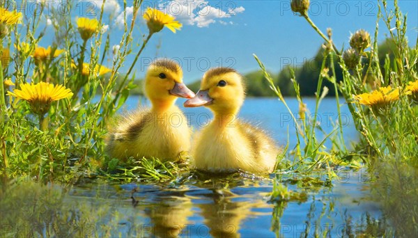 KI generated, animal, animals, bird, birds, biotope, habitat, one, single animal, foraging, wildlife, duck, ducks, domestic duck, female, (Anas platyrhynchos) white, white, yellow ducklings, young animals, animal children, two, three, four, white duck mother with yellow chicks, excursion, water, meadow, grass, spring, summer, flowers, pond, swimming, sitting, farm animal, domestic animal