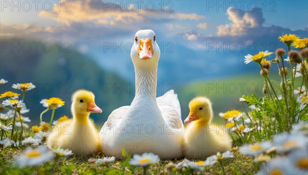 AI generated, animal, animals, bird, birds, biotope, habitat, one, individual, foraging, wildlife, goose, domestic goose, domestic geese, (Anser anser), female, gosling, gosling, yellow gosling, swim, pond, body of water, water, lie, meadow, flowers, summer, two, three, four, pet, domestic animals, farm animal, farm animals