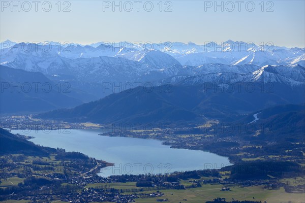 View from the hot air balloon of Tegernsee and Karwendel, Montgolfiade Tegernseer Tal, Balloon Week Tegernsee, Bavarian Oberland, Upper Bavaria, Bavaria, Germany, Europe