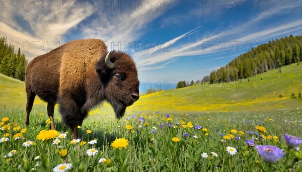 KI generated, animal, animals, mammal, mammals, biotope, habitat, one, single animal, foraging, wildlife, bison, North America, Buffalo, wild cattle, (Bison bonasus), summer, prairie, flower meadow, sideways