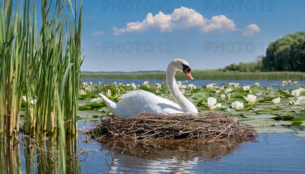 Ai generated, animal, animals, bird, birds, biotope, habitat, a, individual, water, reed, water lilies, blue sky, foraging, wildlife, white, white swan, swans, mute swan (Cygnus olor), summer, seasons, sideways