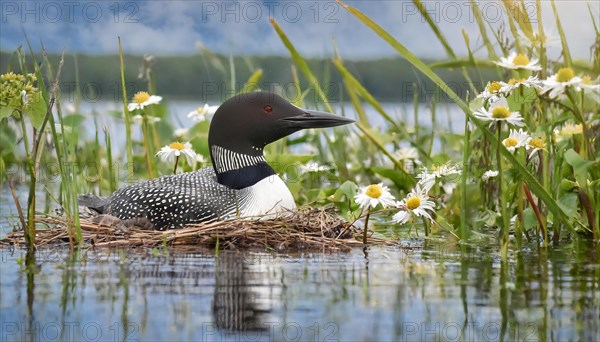 Ai generated, animal, animals, bird, birds, biotope, habitat, a, individual, swims, waters, breeds, nest, reeds, water lilies, blue sky, foraging, wildlife, summer, seasons, loon, (Gavia immer), tundra, Greenland, Iceland, Canada, loon, winters on the coasts of Europe, North America