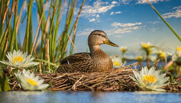 Ai generated, animal, animals, bird, birds, biotope, habitat, a, individual, swims, waters, reeds, water lilies, blue sky, foraging, wildlife, summer, seasons, mallard, female, female, broods, nest, (Anas platyrhynchos, swimmer, family of geese)