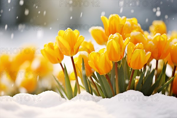 Yellow tulip spring flowers covered in snow. KI generiert, generiert AI generated