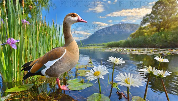 Ai generated, animal, animals, bird, birds, biotope, habitat, a, individual, swims, waters, reeds, water lilies, blue sky, foraging, wildlife, summer, seasons, Nile goose, goose, geese, geese birds, (Alopochen aegyptiaca)