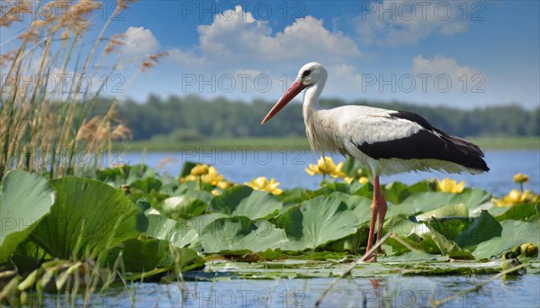Ai generated, animal, animals, bird, birds, biotope, habitat, a, individual, swims, waters, reeds, water lilies, blue sky, foraging, wildlife, summer, seasons, white stork (Ciconia ciconia)