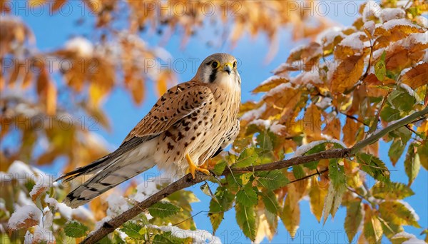 Ai generated, animal, animals, bird, birds, biotope, habitat, one, individual, perches, branch, common kestrel (Falco tinnunculus), ice, snow, autumn, autumn leaves, winter, between the seasons