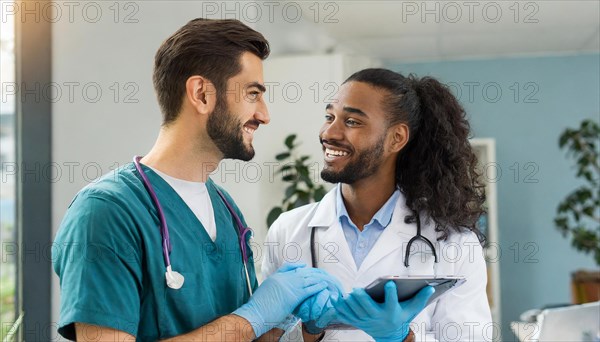 AI generated, RF, man, men, doctor, female doctor, two, 30, 35, years, attractive, attractive, doctor's office, hold, hand, in love, love, affection, tenderness, blond, blonde, blonde, beautiful teeth, long hair, two people, lovers, bearded, two men, 3, AI generated