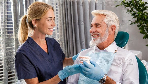 AI generated, dentist treats an attractive older man, senior, seniors, 65, dentist, blonde, 30, 35, years, dental treatment, follow-up, AI generated