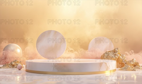 Podium for product presentation. Abstract background with empty round stage with gold decoration and rose quartz AI generated