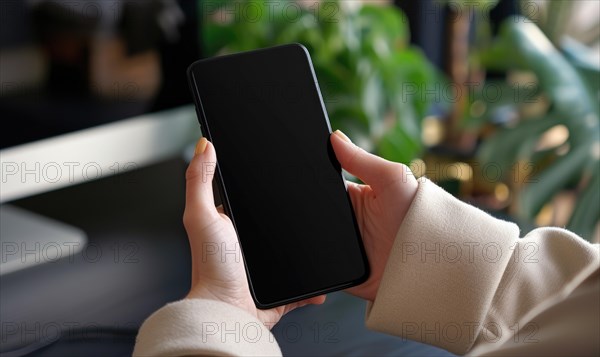 Mockup image of female hands holding black mobile phone with blank screen AI generated