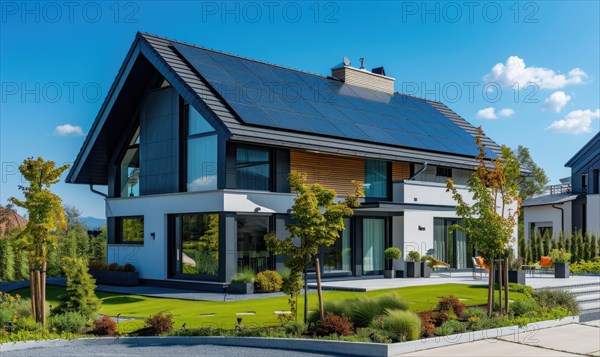 Modern house with solar panels installed on the roof. Modern house with solar panels installed on the roof AI generated