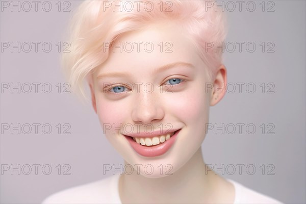 Portrait of woman with Albinism with light blue eyes, pale skin and white hair. KI generiert, generiert AI generated