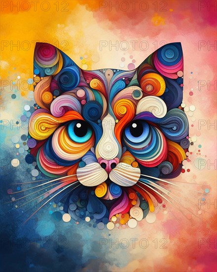A vibrant abstract painting of a cat with a colorful watercolor background, AI generated