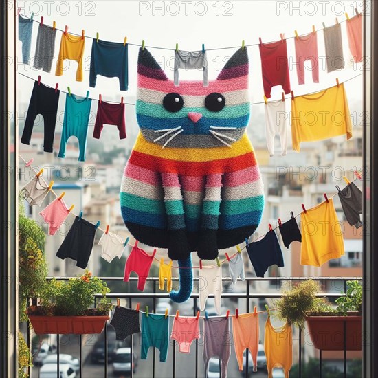 A colorful textile depiction of a cat sitting in a window framed by hanging urban laundry, AI generated