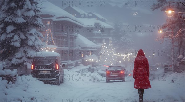 A person in a red coat walking down a snow-covered street with festive lights and chalets, AI generated