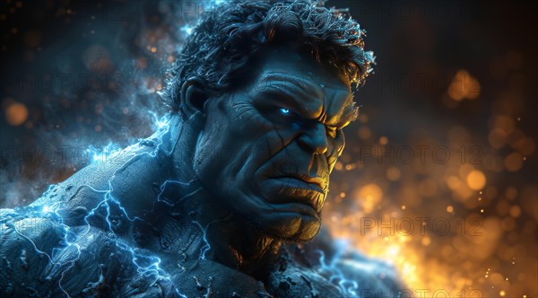 Hulk depicted with a fiery orange background and an intense, glowing gaze, AI generated