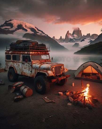 A vintage off-road jeep vehicle near a campfire by a lake with mountains, mist in the distance at sunset, AI generated