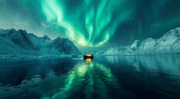 Small boat under a mesmerizing green aurora borealis with reflections in the calm water and starry sky, AI generated