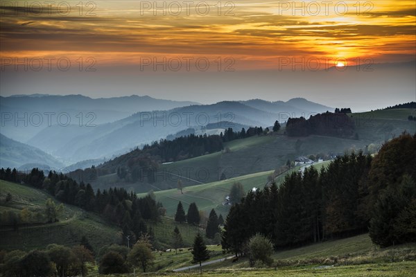 Hilly landscape, sunset, view from Schauinsland into Muenstertal, near Freiburg im Breisgau, Black Forest, Baden-Wuerttemberg, Germany, Europe