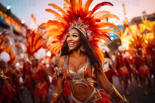 Captivating image capturing the essence of the Rio Carnival, showcasing a dancer adorned in an elaborate, vibrant costume, embodying the spirit and energy of this iconic festival, AI generated