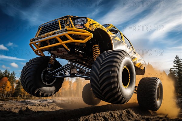 Monster truck driving and jumping outdoors amidst a cloud of dust. Thrill and adrenaline of an outdoor racing event on off-road terrain, AI generated