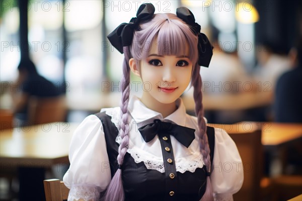 Young Asian woman dressed up in costume and Japanese maid's cafe. KI generiert, generiert AI generated