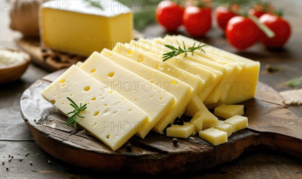 Slices of cheese with herbs on a wooden cutting board AI generated