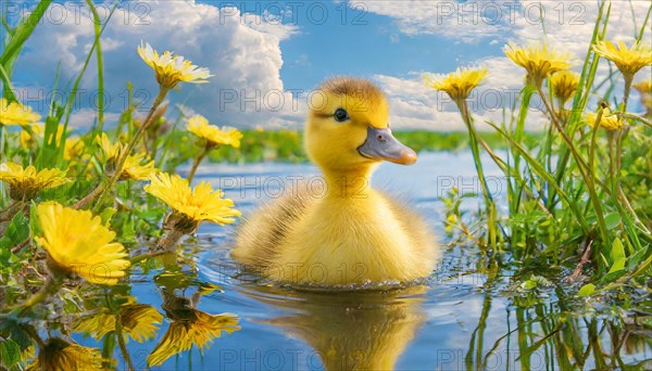 KI generated, animal, animals, bird, birds, biotope, habitat, one, single animal, foraging, wildlife, duck, ducks, domestic duck, female, (Anas platyrhynchos) white, white, yellow ducklings, young animals, animal children, two, three, four, white duck mother with yellow chicks, excursion, water, meadow, grass, spring, summer, flowers, pond, swimming, sitting, farm animal, domestic animal