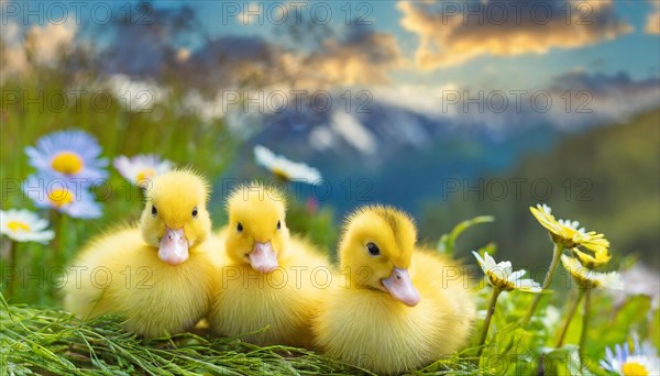 KI generated, animal, animals, bird, birds, biotope, habitat, one, single animal, foraging, wildlife, duck, ducks, domestic duck, female, (Anas platyrhynchos) white, white, yellow ducklings, young animals, animal children, two, three, four, white duck mother with yellow chicks, excursion, water, meadow, grass, spring, summer, flowers, pond, swimming, sitting, farm animal, domestic animal