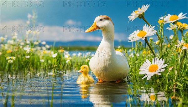 KI generated, animal, animals, bird, birds, biotope, habitat, one, single animal, foraging, wildlife, duck, ducks, domestic duck, female, (Anas platyrhynchos) white, white, yellow ducklings, young animals, animal children, two, three, four, white duck mother with yellow chicks, excursion, water, meadow, grass, spring, summer, flowers, pond, swimming, sitting, farm animal, domestic animal