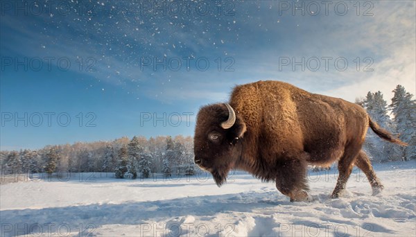 AI generated, animal, animals, mammal, mammals, biotope, habitat, one, individual animal, foraging, wildlife, bison, North America, buffalo, wild cattle, (Bison bonasus), winter, ice, snow, winter landscape