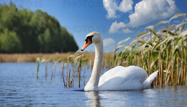 Ai generated, animal, animals, bird, birds, biotope, habitat, one, individual, swims, waters, reeds, water lilies, blue sky, foraging, wildlife, white, white swan, swans, mute swan (Cygnus olor), summer, seasons, sideways