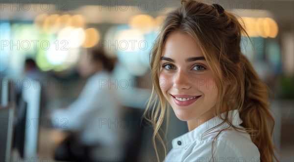 A smiling professional woman in an office environment wearing a headset, portraying friendly customer service, ai generated, AI generated